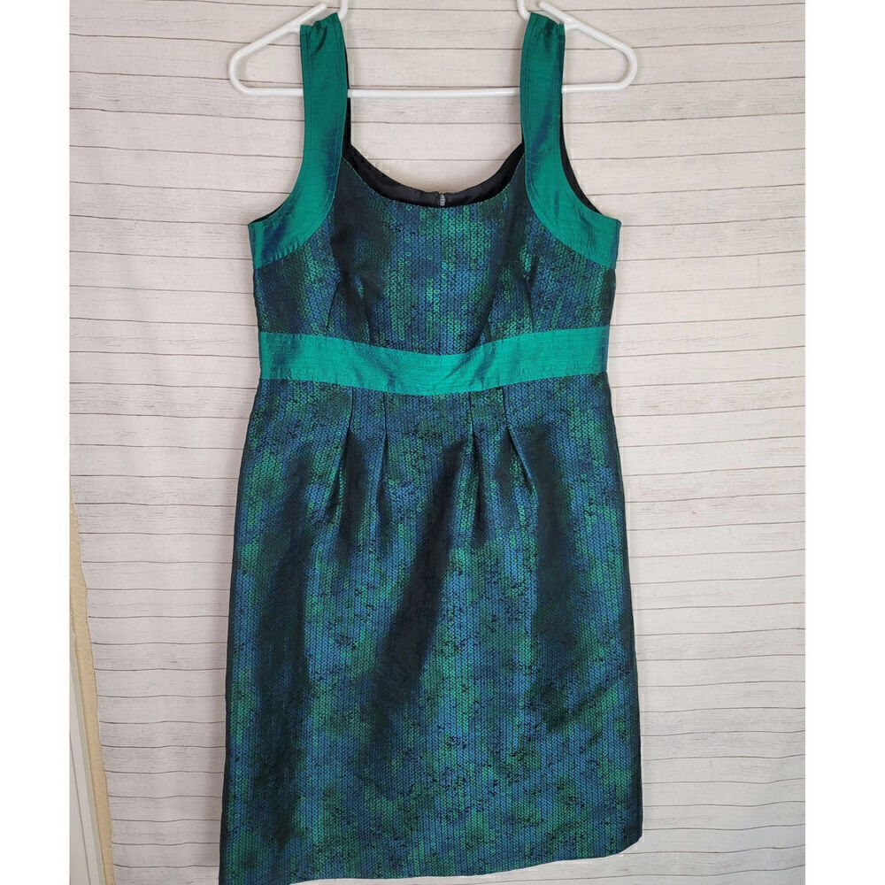 Anni Kuan Emerald Green Silk Trim Sheath Dress, Sz 6